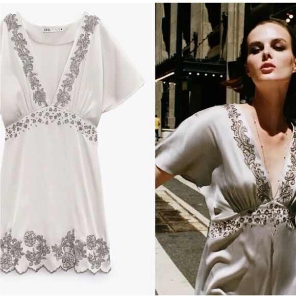 ZARA SHORT EMBROIDERED DRESS PEARL GRAY SZ S - Picture 10 of 10